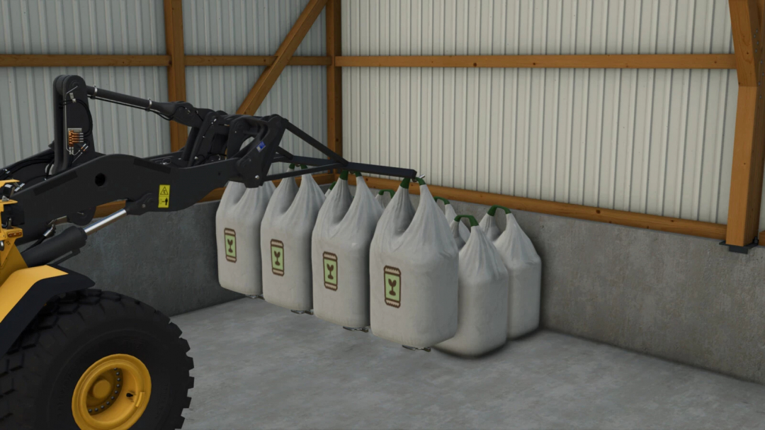 Farming Simulator 25 mod: Loader with bags attached, used for transporting agricultural materials in FS25.