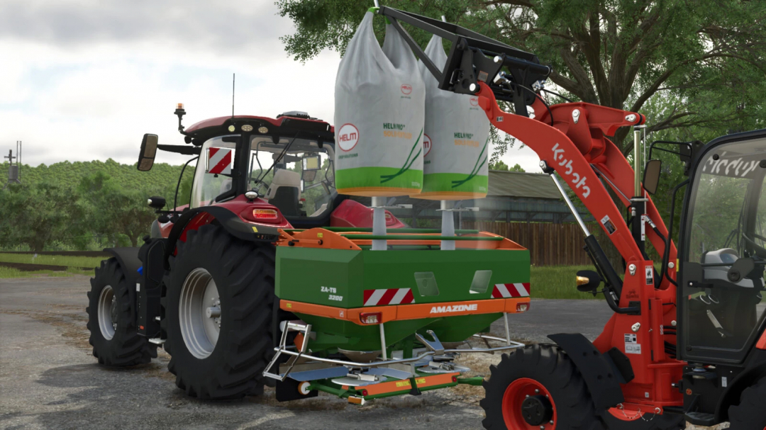 Farming Simulator 25 mod: tractor with Kubota front loader lifting large bags of fertilizer, featuring the Lizard Big Bag Lifter v1.0.0.0.