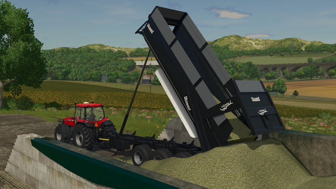 Farming Simulator 25 mod featuring the Lizard Columbus Pack v1.0.0.0 with black grain loader and tractor working on a farm.