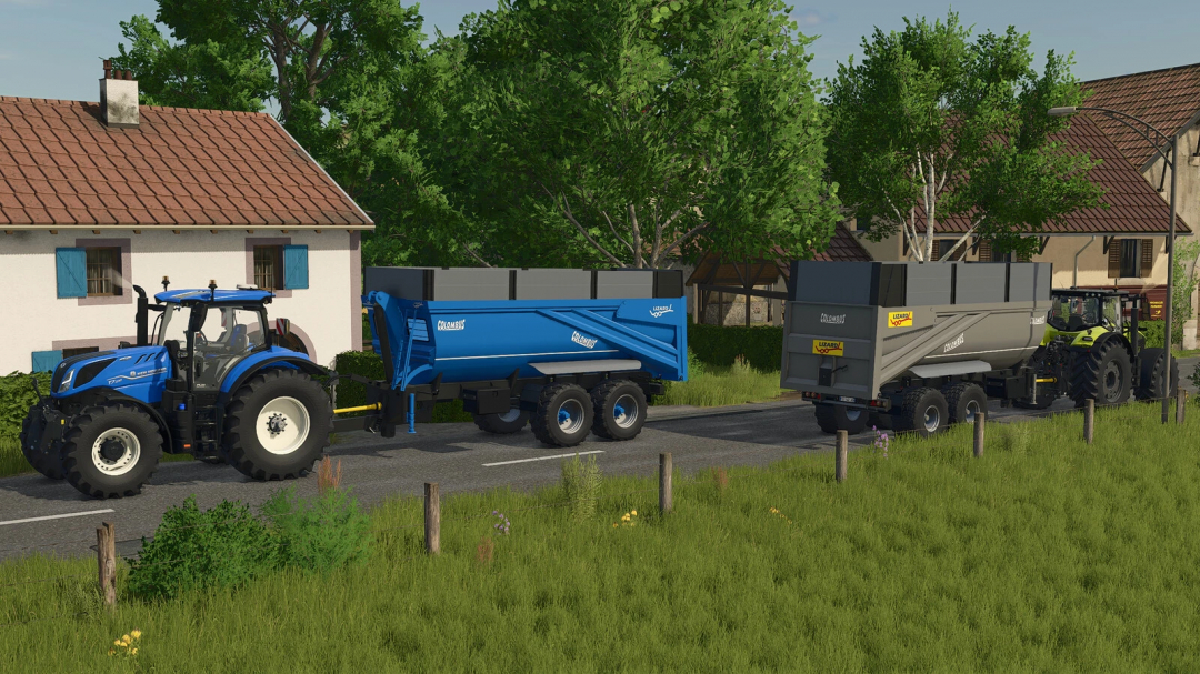 Farming Simulator 25 mod image featuring blue and gray Lizard Colombus Pack trailers attached to tractors in a rural setting.