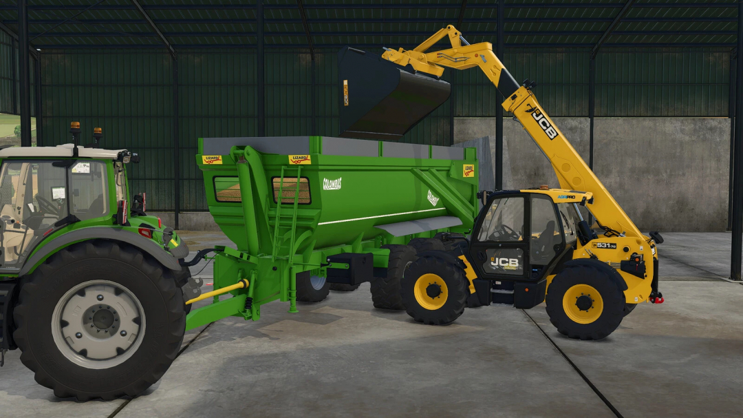 Farming Simulator 25 mods: JCB loader with green Lizard Columbus feed mixer inside a barn.