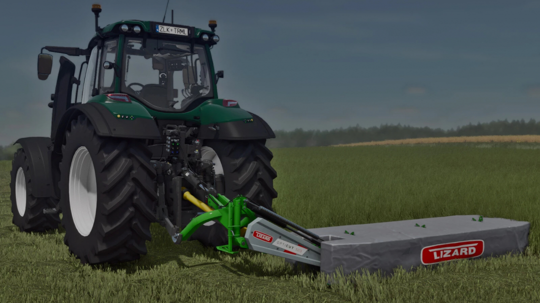 Farming Simulator 25 mod featuring Lizard OptiCut v1.0.0.0 grass cutting attachment on a tractor in a field.
