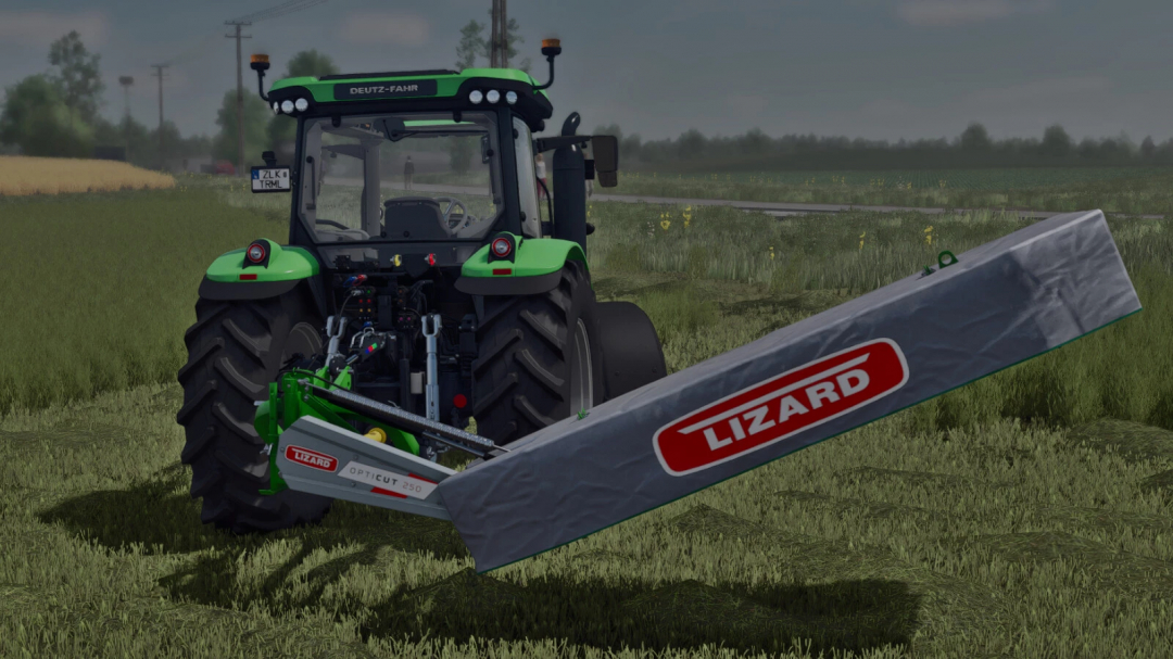 Farming Simulator 25 mod: Green tractor with Lizard OptiCut v1.0.0.0 mower attachment for FS25.