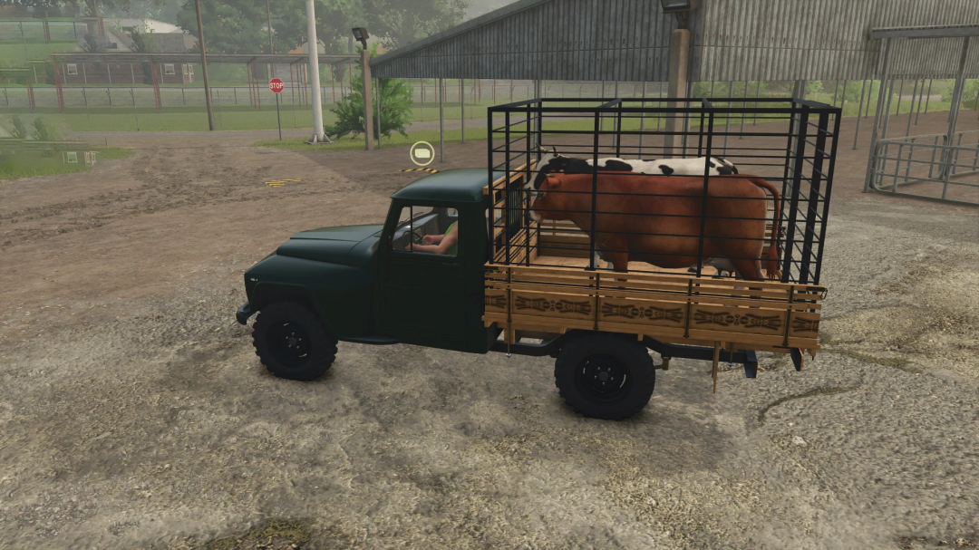Farming Simulator 25 mod featuring a classic truck with cows in the truck bed for transporting livestock.