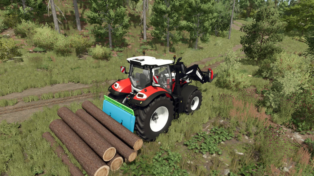 Farming Simulator 25 mod: Logging Blades v1.0.0.0 attached to a tractor cutting logs in a wooded area.