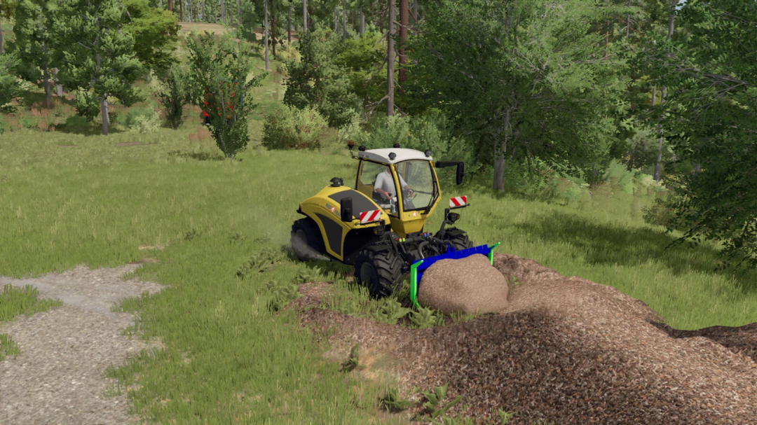 Farming Simulator 25 mods: Logging blades v1.0.0.0 attached to a tractor, used for land clearing in the forestry mod.