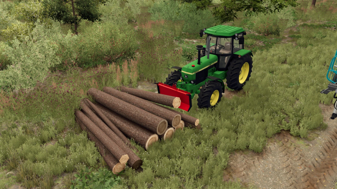 Farming Simulator 25 mod: Green tractor with red logging blade attachment, harvesting logs in a forest environment for realistic logging gameplay.