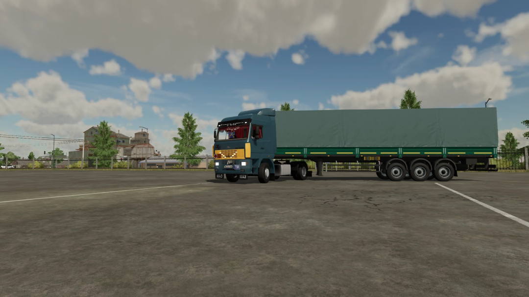Farming Simulator 22 mod: MAZ 5440 truck with trailer, parked in a lot, ideal for FS22 mods enthusiasts and farming vehicle fans.