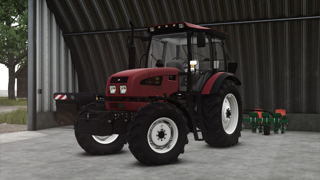 Farming Simulator 25 mod: MTZ 1523 tractor inside a barn with planter attachments in the background.