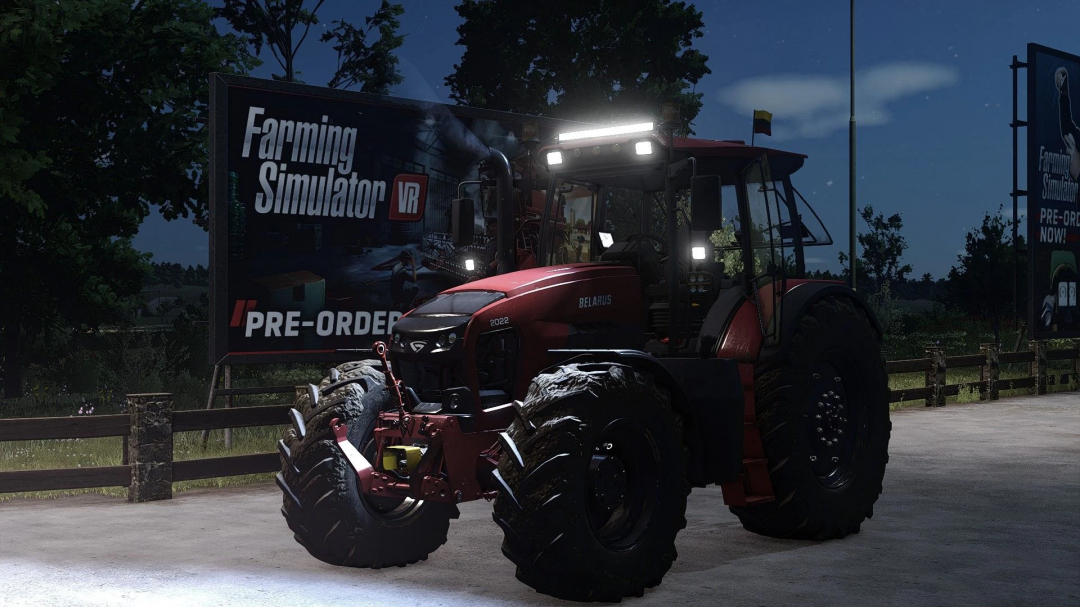Red Belarus tractor in Farming Simulator 25 with pre-order banners, detailed night scene showcasing FS25 mods.