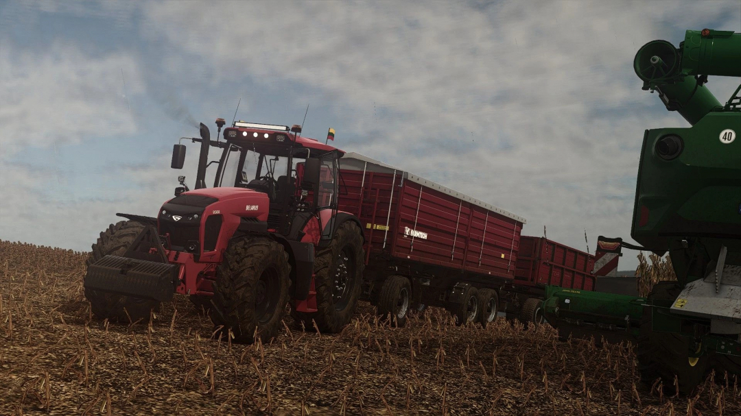 Red Belarus tractor with a red trailer working in a harvest field in Farming Simulator 25 mods.