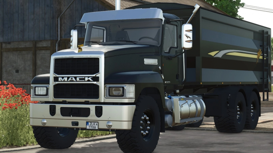 MACK Pinnacle 64R truck mod from Farming Simulator 25, showcasing realistic textures and a black cargo trailer, part of FS25 mods.