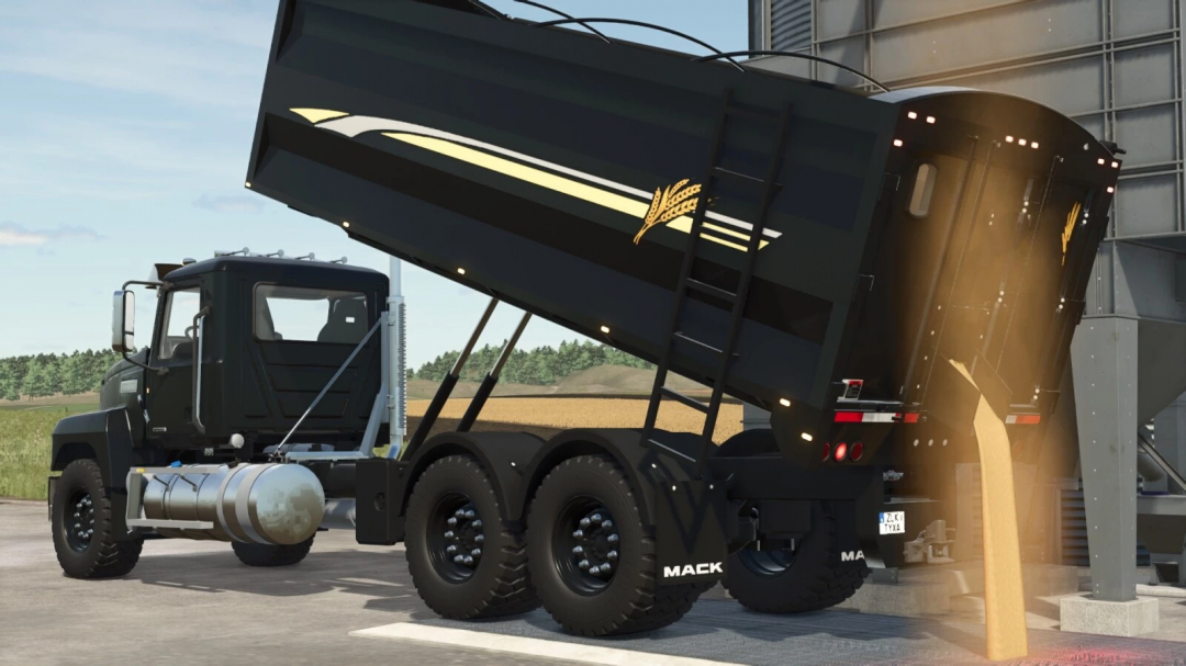 Farming Simulator 25 mod: Mack Pinnacle 64R dump truck dumping grain at the silo.