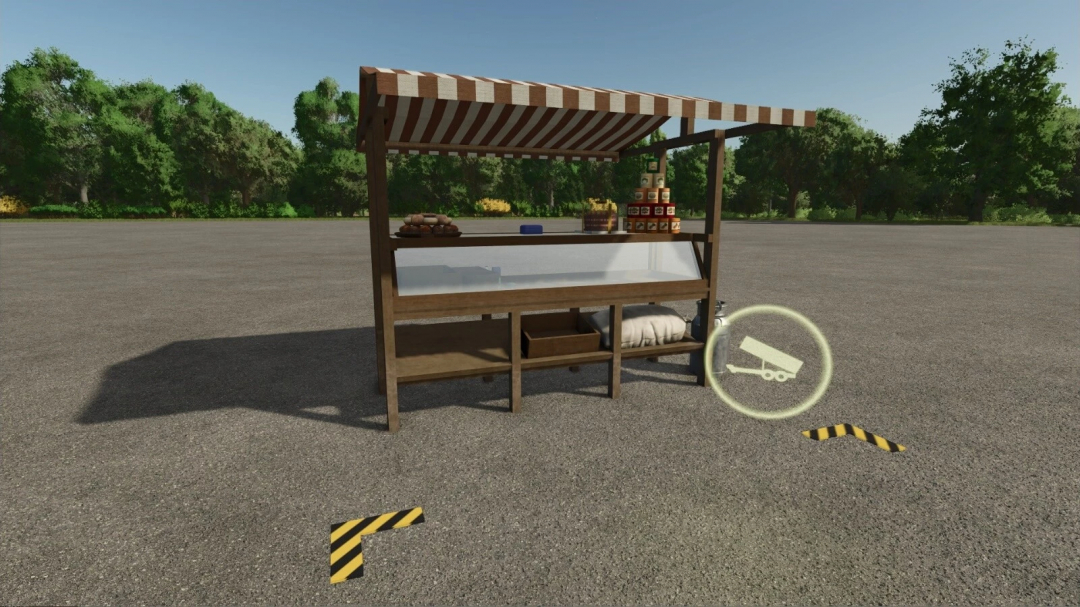 Farming Simulator 25 mod: Market Place van with goods and a striped canopy, available in FS25 mods for selling farm products.