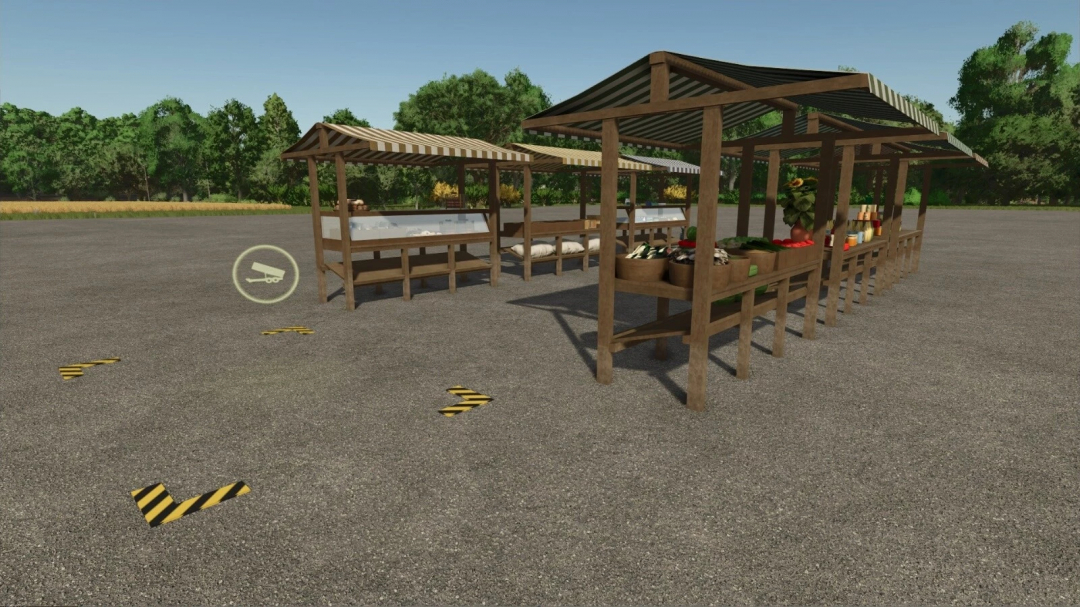 Farmers market stall in Farming Simulator 25 with fresh vegetables and goods, part of the FS25 mods collection.