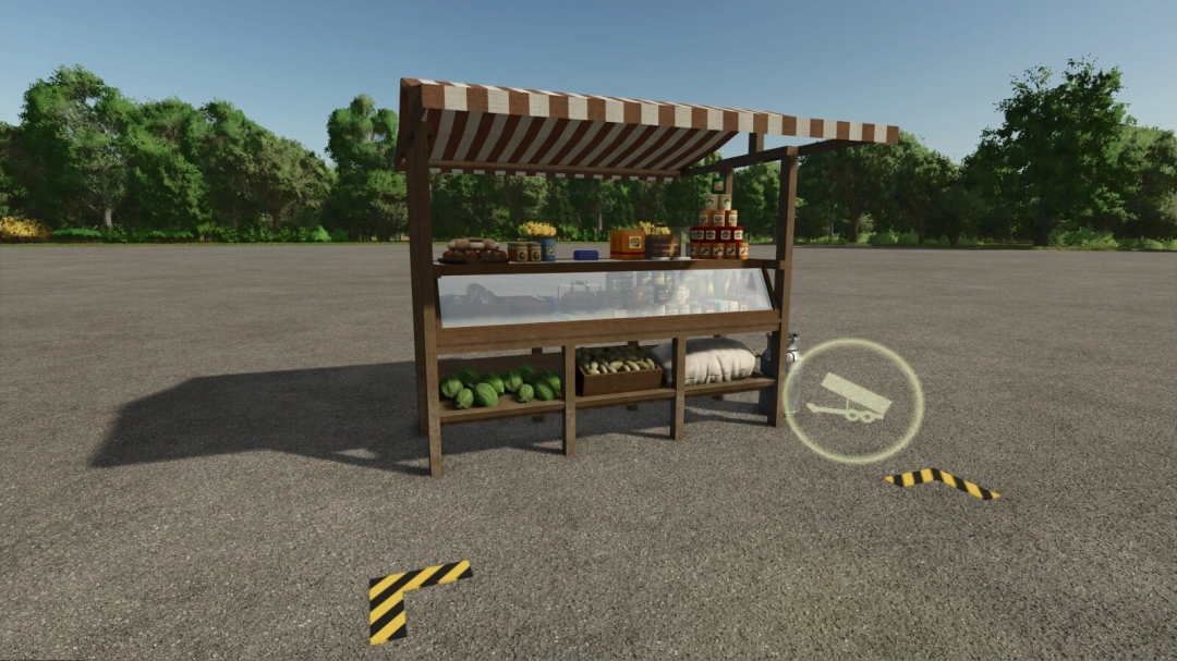Farming Simulator 25 mod showcasing a marketplace stall from the Market Place v1.0.0.0 mod, with fresh vegetables and canned goods, in FS25.