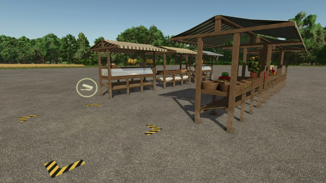 Farming Simulator 25 mod showcasing the Market Place v1.0.0.0 with wooden market stalls and fresh produce, ideal for FS25 mods.