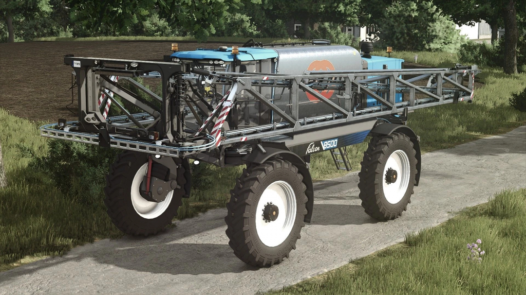 In-game image of the Matrot Falcon 8500 mod from Farming Simulator 25, a high-capacity liquid transport trailer with large tires on a farm road.