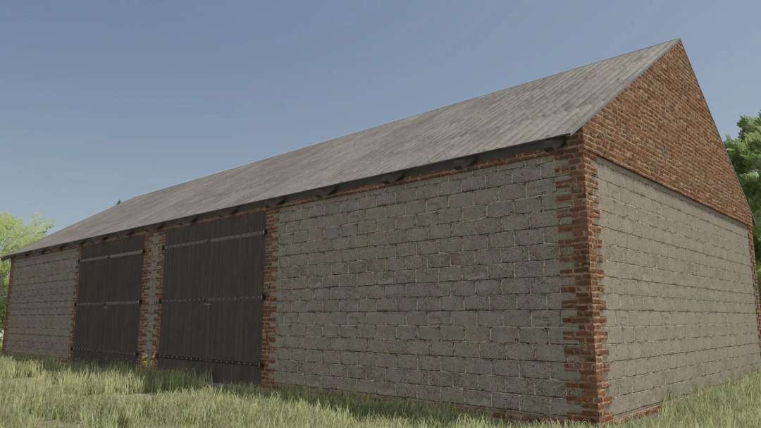 Farming Simulator 25 mod: Medium Polish Barn v1.0.0.0 with brick and wood construction, ideal for FS25 farming setups.