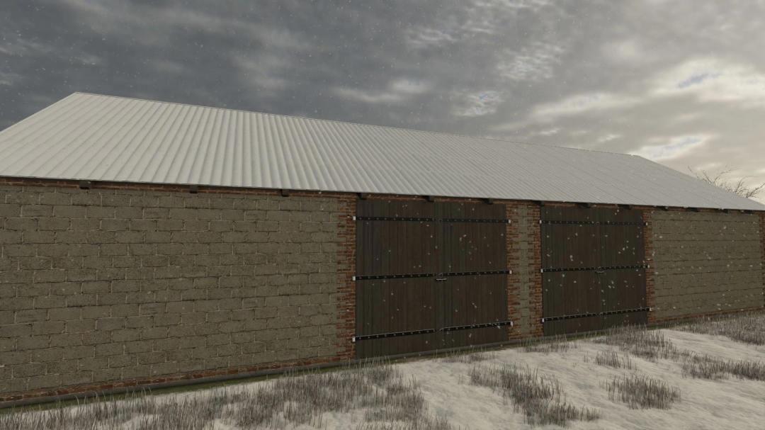 Farm building with a metal roof and wooden doors, captured in Farming Simulator 25 mods, Medium Polish Barn v1.0.0.0.