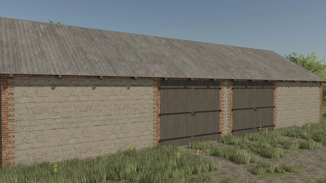 Large farmhouse-style barn with wooden sliding doors, part of the Medium Polish Barn v1.0.0.0 mod in Farming Simulator 25, with grass in front.
