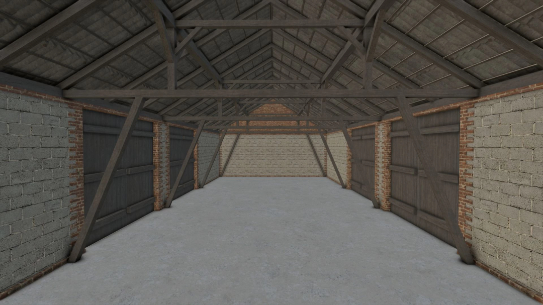 Inside view of the Medium Polish Barn mod in Farming Simulator 25, featuring brick and wood walls with a high wooden roof.