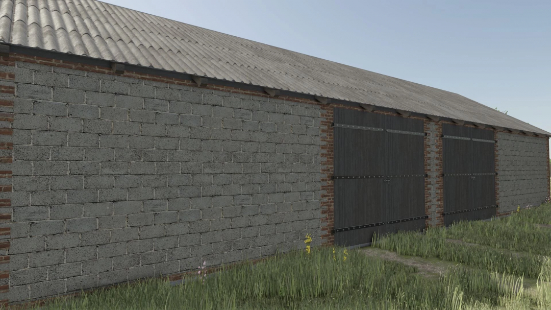 Farming Simulator 25 mod: Medium Polish Barn v1.0.0.0 with gray brick walls and wooden doors, ideal for FS25 farming setups.