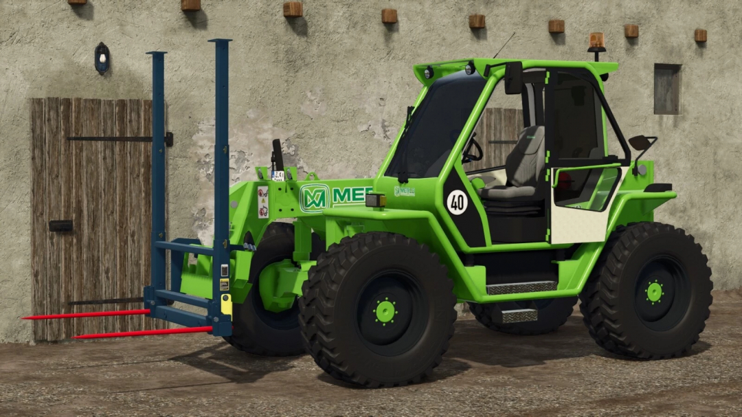 Green Merlo P41.7 Turbofarmer forklift mod for Farming Simulator 25 with front forks near a barn door.