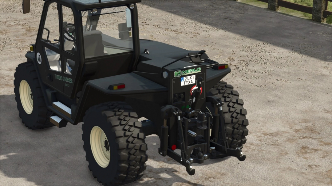 Farming Simulator 25 mod: Merlo P41.7 Turbofarmer in-game tractor with detailed attachment and black exterior, part of FS25 mods.