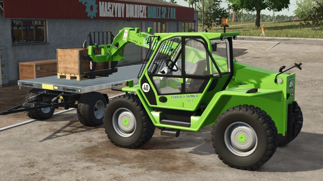 Green FS25 mod Merlo P41.7 Turbofarmer telehandler with forklift attachment parked outside a farm building.