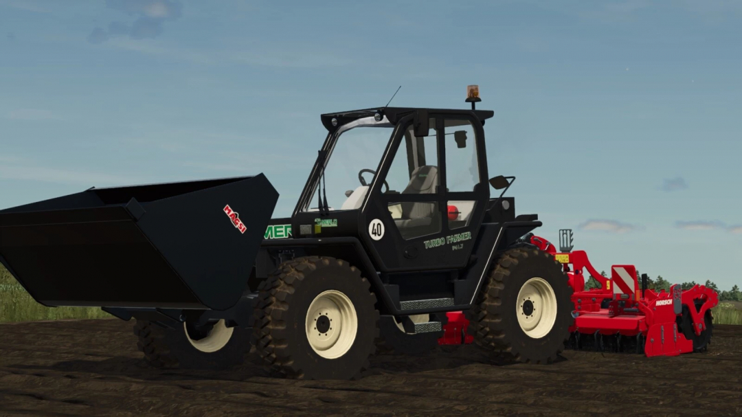 Farming Simulator 25 mod: Merlo P41.7 Turbofarmer tractor with a red mower attachment on a farm field.