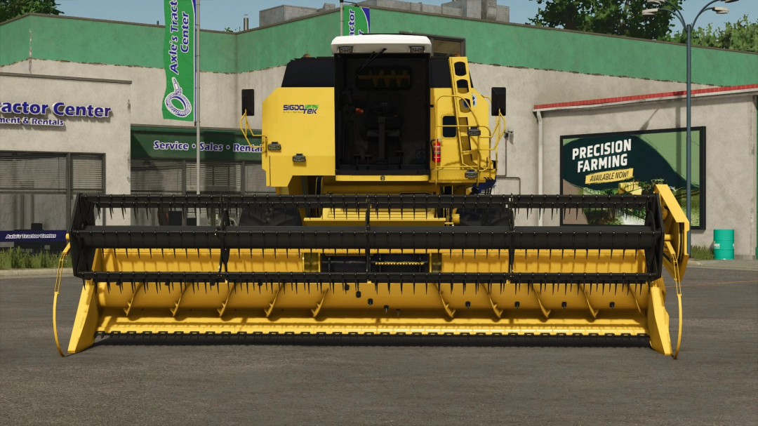 Farming Simulator 25 mod: New Holland TC 57 harvestor with yellow and black design, parked in front of a service center.