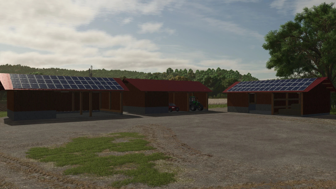 Farming Simulator 25 mod featuring open hall set with solar panels on the roofs and farm vehicles parked, part of FS25 mods.