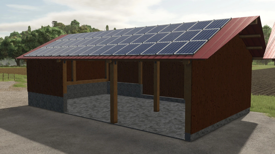 Open Hall Set v1.0.0.0 for Farming Simulator 25, featuring solar panels on the roof and wooden walls in FS25 mods.