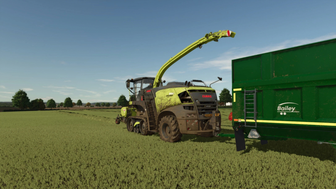 FS25 mod image showing a green JAGUAR forage harvester attached to a Bailey trailer in Farming Simulator 25.