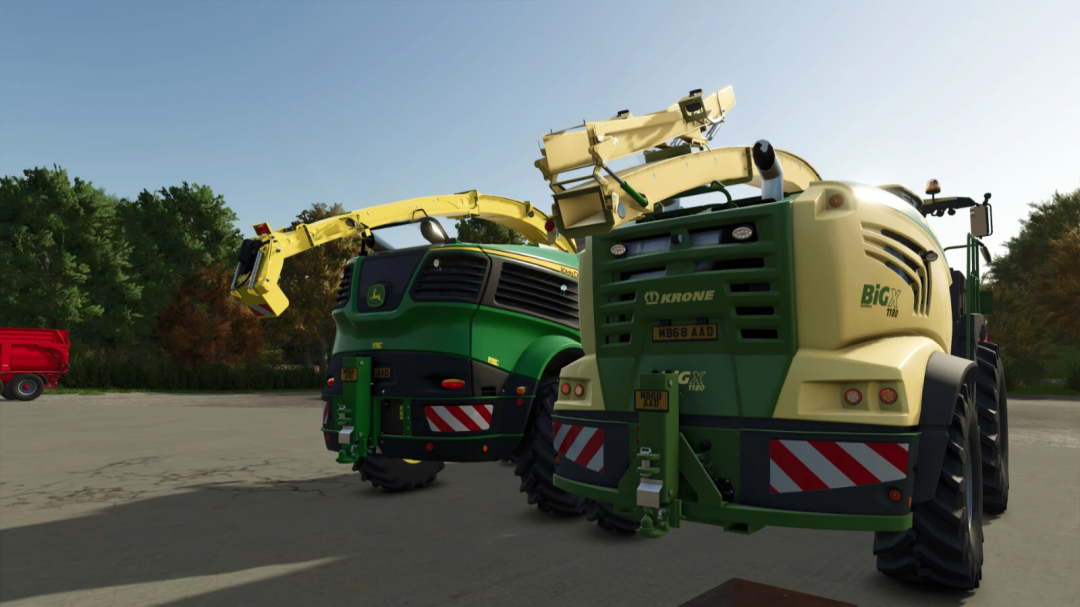 Farming Simulator 25 mods showcase pickup hitch for foragers, featuring green and yellow agricultural machinery units.
