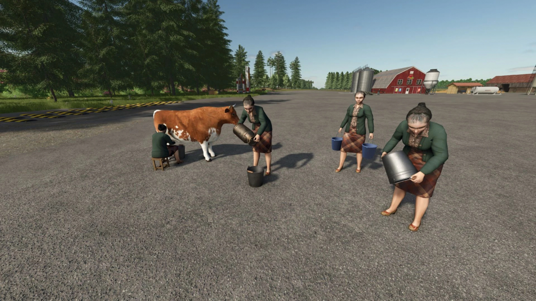 Farming Simulator 25 mod: Placeable Granny Pack v1.0.0.0 with farm women milking cows and carrying buckets outdoors.