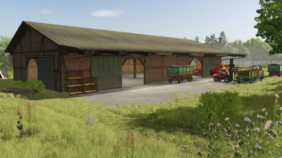 Farm building in Farming Simulator 25 with harvesters, trailers, and farming equipment, showcasing FS25 mods including Potatohall v1.0.0.0.