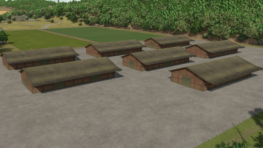 Farming Simulator 25 mod Potatohall v1.0.0.0 showing multiple potato storage buildings on a farm.