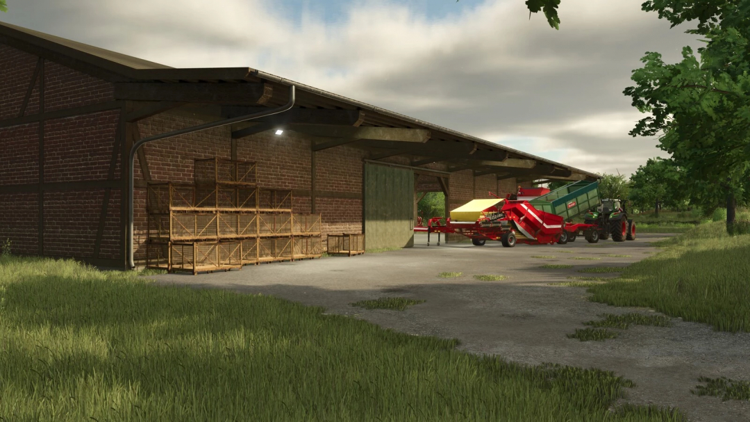Farm storage barn with farming equipment and crates, featuring the Potatohall v1.0.0.0 mod for Farming Simulator 25.