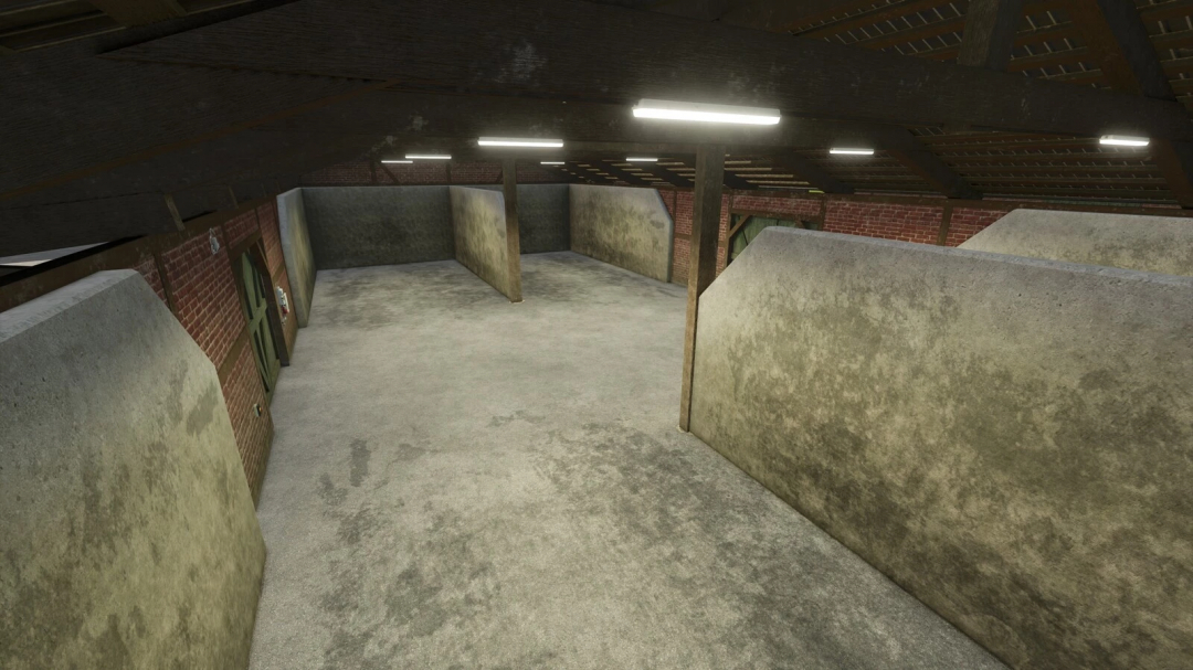 Empty indoor storage room in Farming Simulator 25 with concrete walls and floor, illuminated by ceiling lights, suited for FS25 mods.