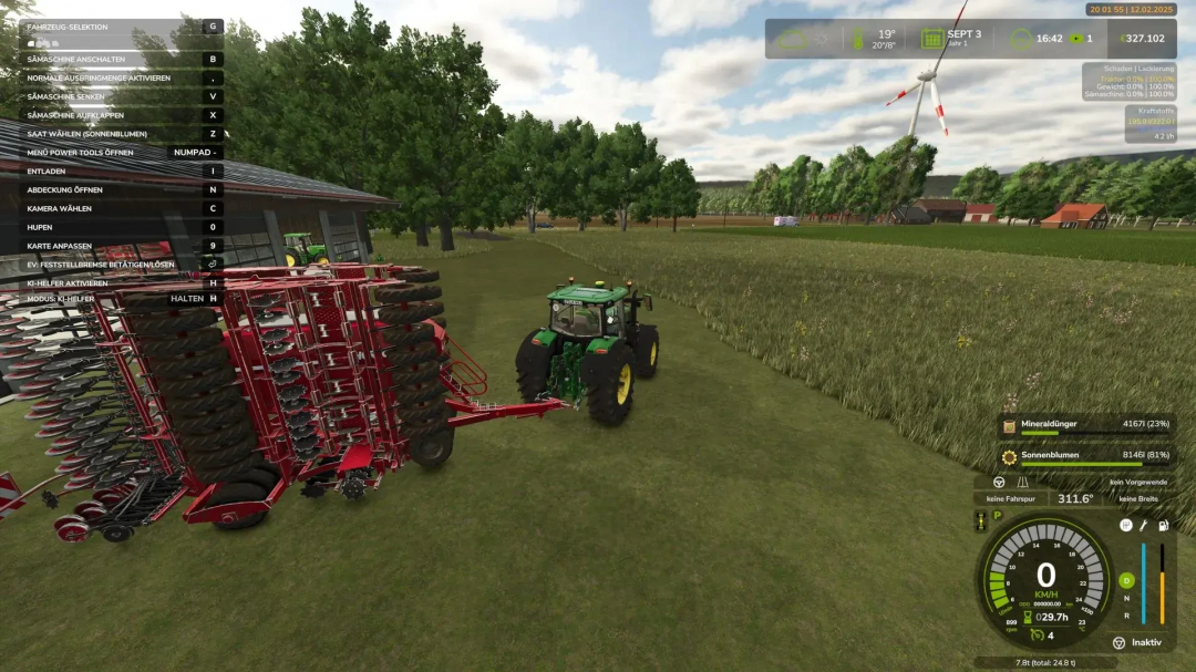 Farming Simulator 25 mod: tractor with red cultivator implement on a farm field with trees and wind turbine in the background.