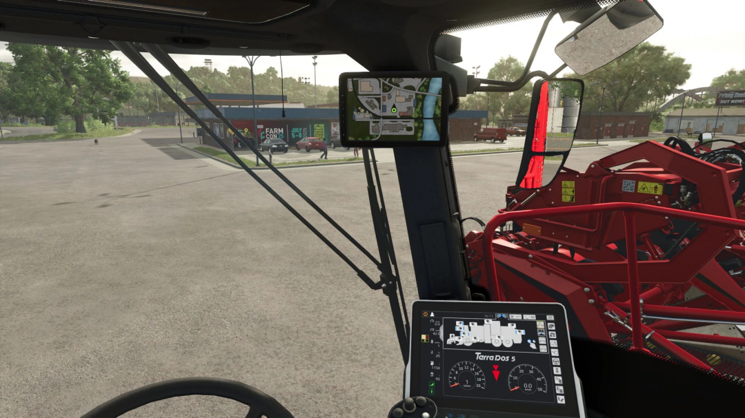 Inside view of the Farming Simulator 25 mod, featuring GPS navigation with RealGPS v0.9.5.2 BETA on the tractor's dashboard.
