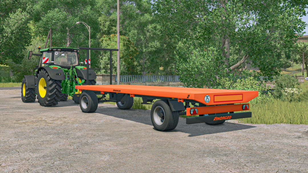 Farming Simulator 25 mod: Rinoagro Platforms Pack v1.0.0.0, orange flatbed trailer attached to a tractor, used for agricultural tasks.
