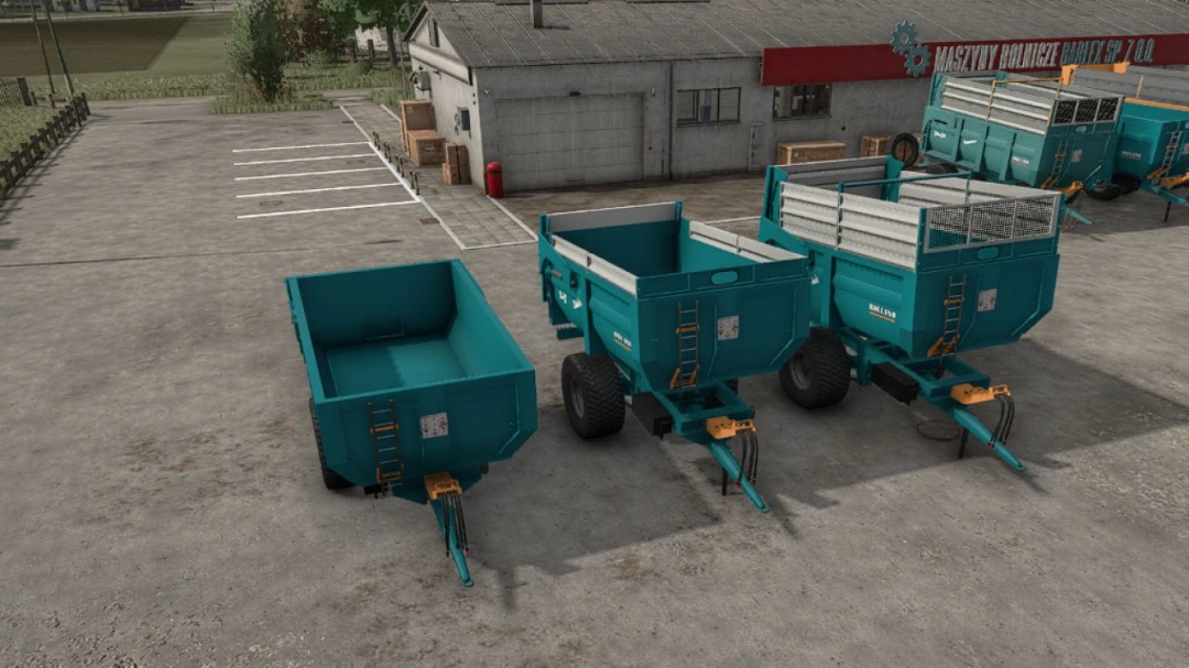 Farming Simulator 25 mods: three Rolland TurboClassic 9-17 trailers in a lot, used for harvesting and transport.