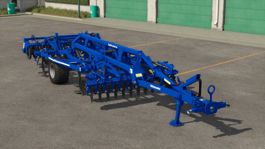 FS25 mod: Rolmako SoilProtector v1.0.0.0 in Farming Simulator 25, a blue soil protection implement parked on a paved surface.