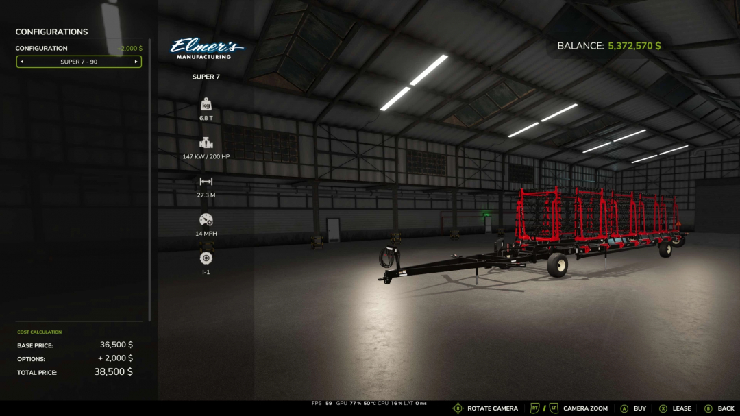 FS25 mod: Elmer's Manufacturing Super 7-90 harrow in Farming Simulator 25, inside a warehouse with adjustable configuration and cost details.