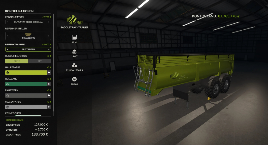 Farming Simulator 25 mod: SaddleTrac Trailer v1.0.0.0, with 58m³ capacity, 14.6 tons, and 221 KW engine, shown inside a warehouse.