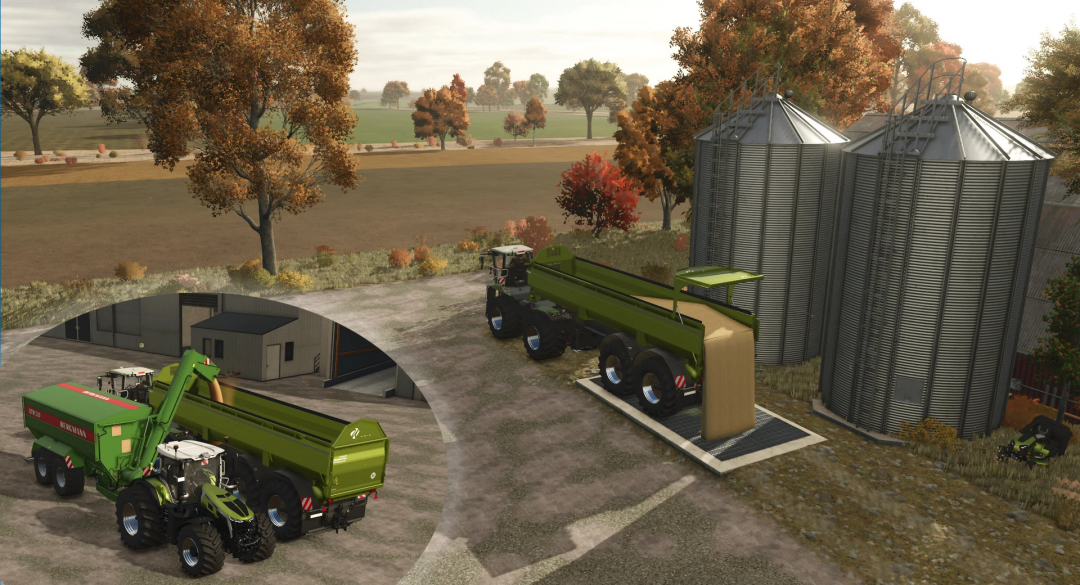 Farming Simulator 25 mod showcasing a green SaddleTrac trailer attached to a tractor near grain silos and farm buildings.
