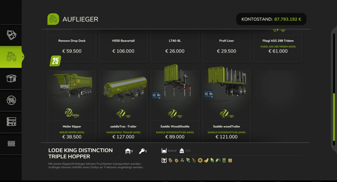 Farming Simulator 25 mod screenshot showing the SaddleTrac Trailer v1.0.0.0 with various farming equipment and prices.